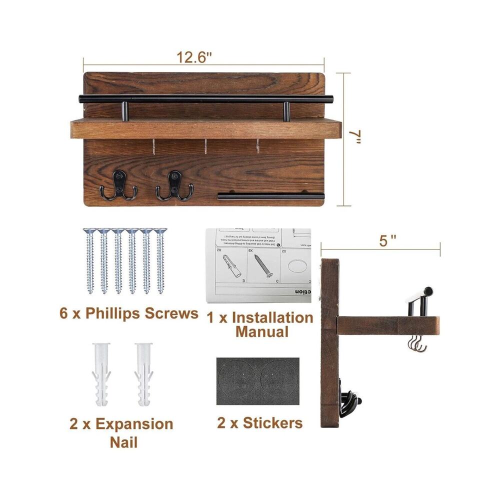 OurWarm Key Holder Brown Wall Mounted Mail Holder Shelf Wood Organizer Rustic - Picture 4 of 7